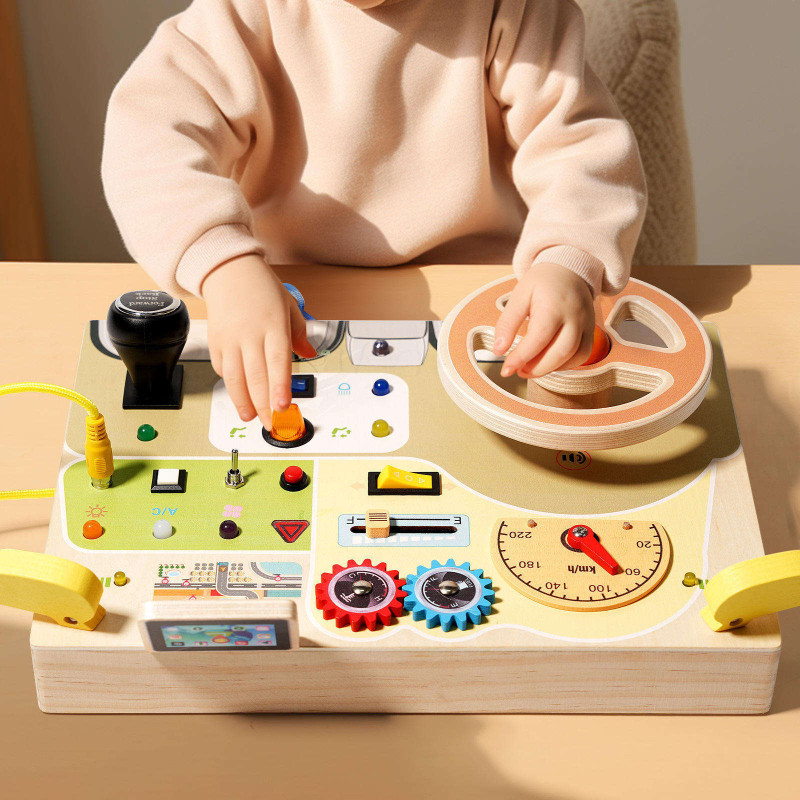 Wooden Driving Busy Board with LED Light Montessori Toys Educational Toy for Kids 3-6 Steering Wheel Control Panel
